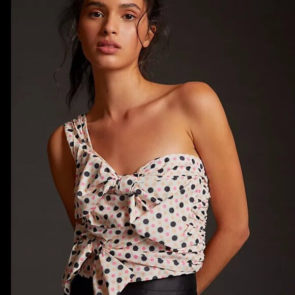 Maeve By Anthropology Crop Top Size 6 One Shoulder Sleeve Polka Tod Preppy - Picture 1 of 8